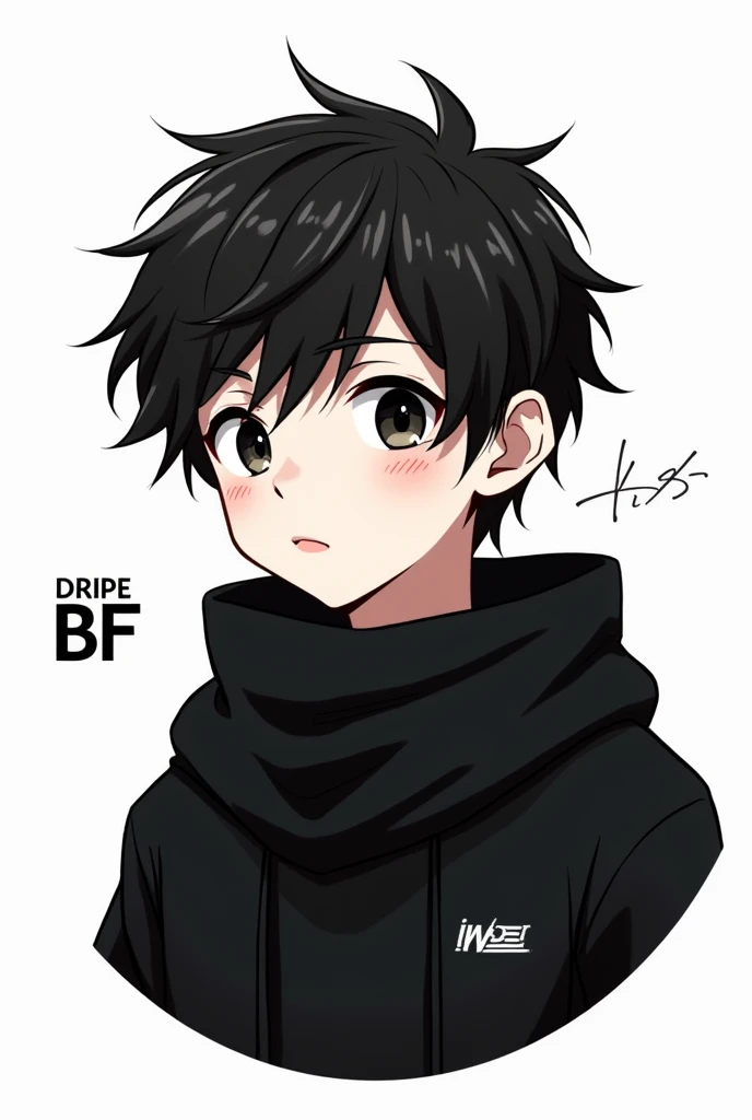 The boy looking like from anime with a black scarf and black sweatshirt on a white background written in capital letters DRIPE BF. in circular shape 