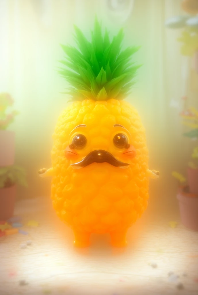  An anthropomorphic pineapple with a cheerful and cartoonish design ,  with large and expressive eyes ,  pink cheeks and a wide smile .  The pineapple has arms and legs ,  is in a colorful environment such as a desk or craft table ,  surrounded by school s...