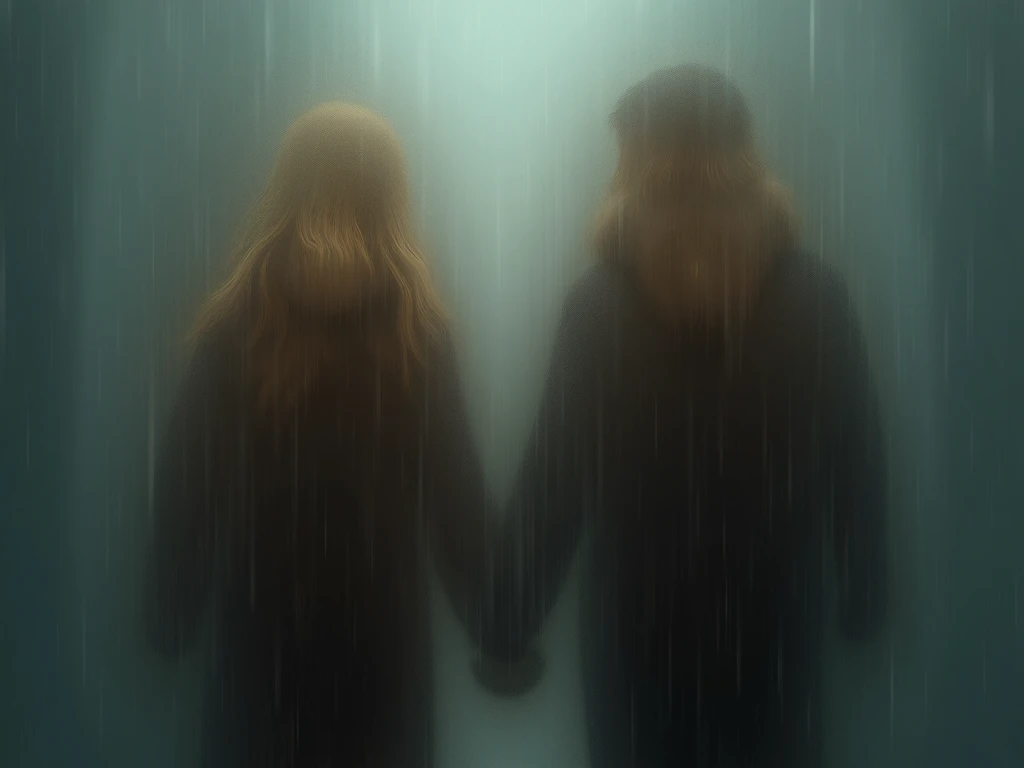  Generate a cinema-style image:
A guy and a girl are walking in the rain holding hands.  The girl has blond hairy and light , slightly poor , blue eyes.  face and chin are slightly wide , blush on the cheeks.  The guy is slightly dark ,  with short hair an...