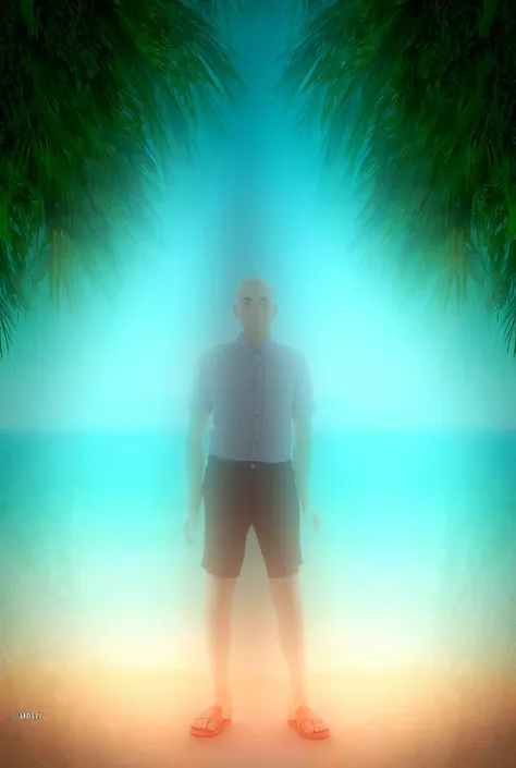 a young man in shirt, short sandals  on beach shore with a background of coconut trees 