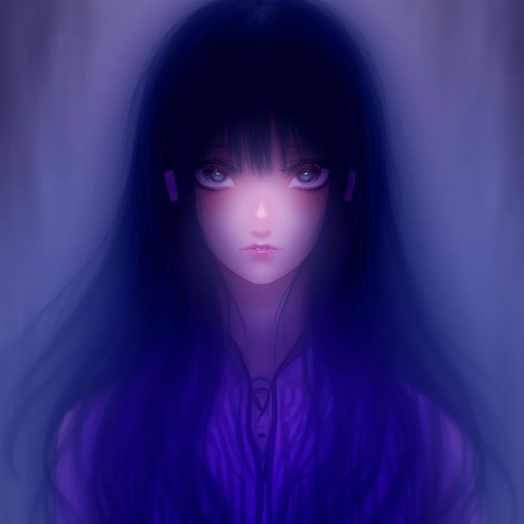 female anime with long black hair with bangs and purple earphones and brown eyes dark purple striped shirt with black