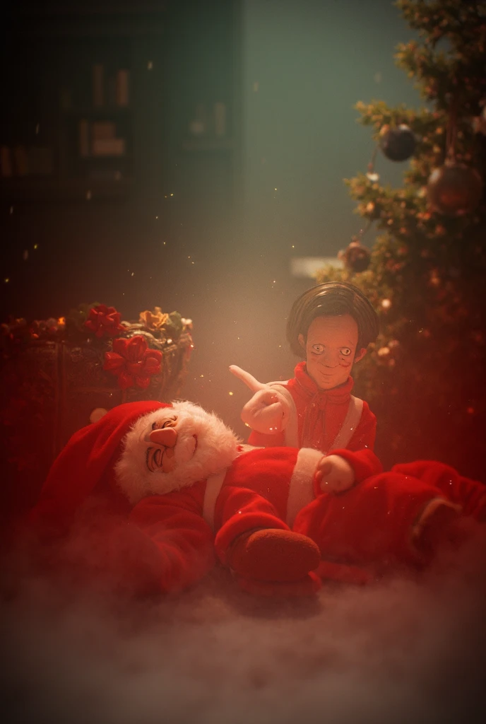 Santa Claus lying on the floor and a girl watching