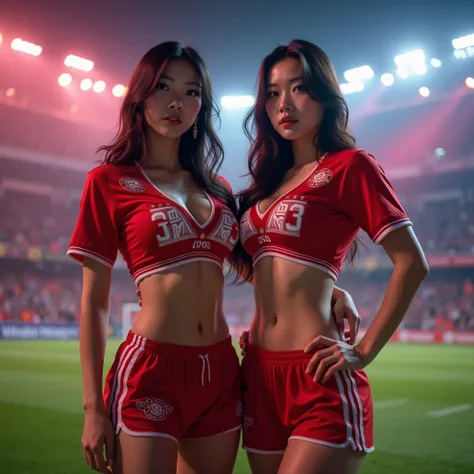 Two beautiful Chinese Korean women with sexy erotic bodies with big boobs in ball jersey inscribed WINNING303 and panties, stand confidently and attract attention on the football field.  Glamorous atmosphere with brightly colored lights and the clatter of ...