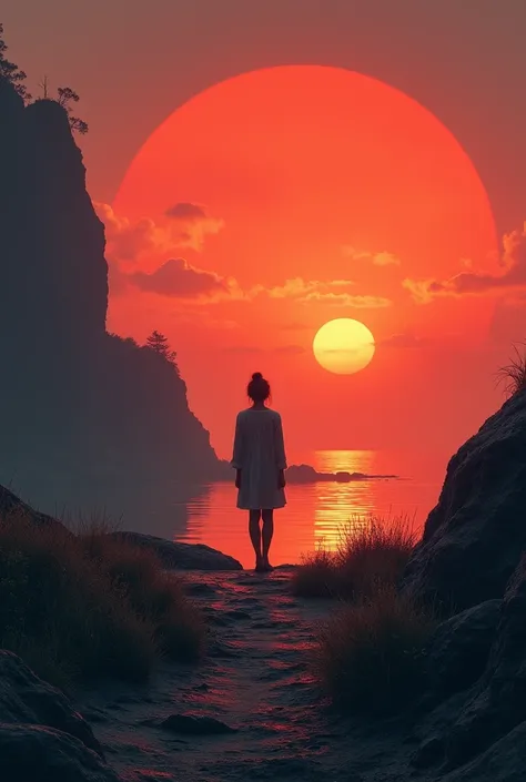 there is a woman standing in a rocky area with a sunset in the background, dan mumford tom bagshaw, yuri shwedoff and tom bagshaw, james gurney and andreas rocha, inspired by Tomasz Jedruszek, cinematic beeple, beautiful cinematic poster, beksinski and dan...