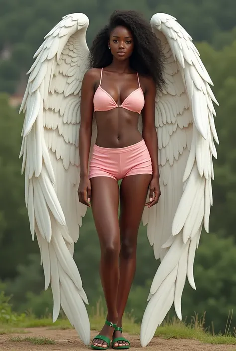 super hot woman, skinny model , standing,  realistic image , dark black skin, BIG TITS MODEL  , tight pink shorts, GREEN SANDAL , ( full body) ( perfect face ) ( With beautiful angel wings )