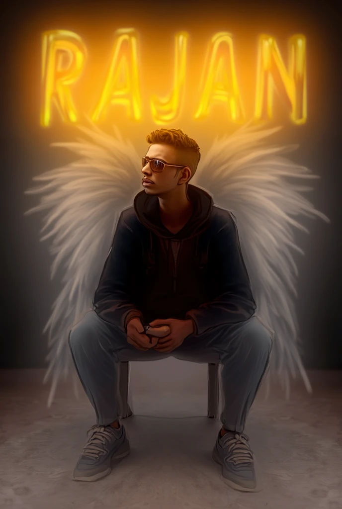 Create a 3D illusion for a profile picture where a cute boy in a black hoodie is casually sitting on a white king chair. And he is cutting the cake Wearing sneakers and sunglasses, he looks ahead. “RAJAN” is written in large, bold yellow neon light font on...