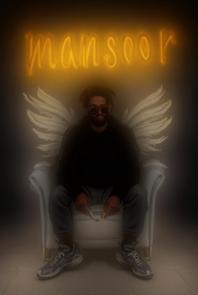 Create a 3D illusion for a profile picture where a cute white boy in a black hoodie is casually sitting on a white king chair. And he is cutting the cake Wearing sneakers and sunglasses, he looks ahead. “mansoor” is written in large, bold yellow neon light...