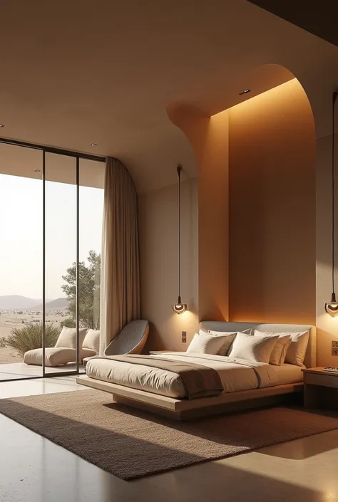 create stylish rooms with a bed inside the dune building with dark building information