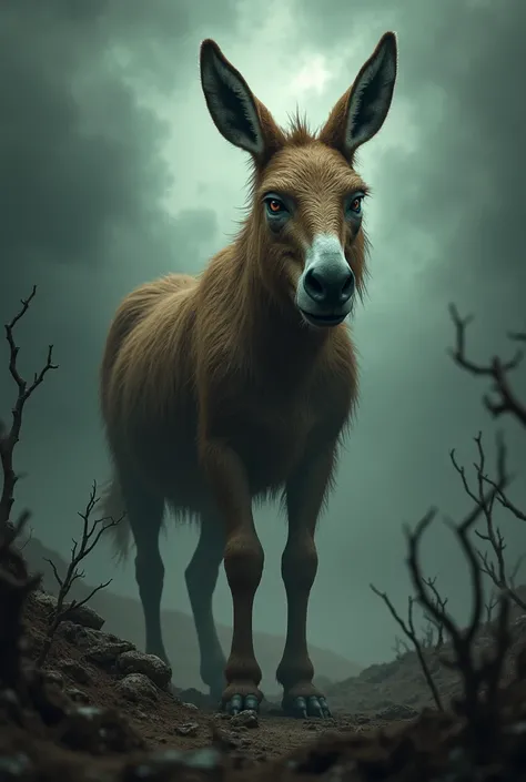 Combine loin with donkey in the horror background 