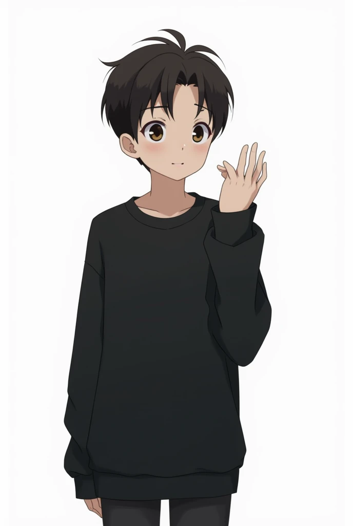 A boy looking like an anime with a black box and a black sweatshirt on a white background with his hand giving Hi