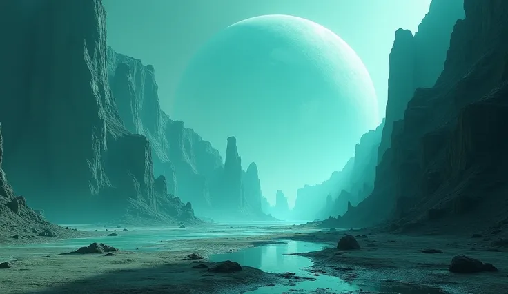 a majestic landscape of Saturns moon, surreal and dreamlike, with towering cliffs and canyons in shades of turquoise and teal, dramatic lighting casting long shadows, highly detailed, cinematic composition, epic scale, ethereal atmosphere, photorealistic, ...