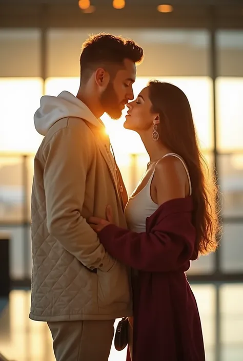 At an airport in the afternoon with the shadows of the sun . Focus on a couple with their backs to the photo ,The man is tall and has a beard ,Has a very athletic physique with muscular arms, wide shoulders she wears a light beige quilted coat ,In white ho...