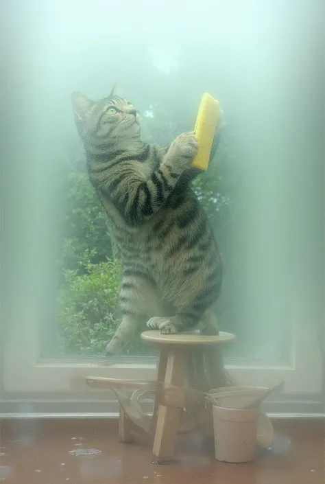 A large striped cat stands on its hind legs on a wooden stool. Its front paws hold a yellow sponge slightly dampened with soapy water. The cat moves the sponge across the transparent glass of the window, leaving a clean streak amidst the smudges. Outside t...