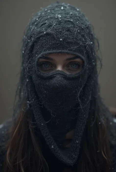 A woman covers a song wearing a storm mask ,  that is black on the left side of the balaclava and white on the right side. Only the storm mask is visible , there should be no people. But it’s a Christmas masquerade