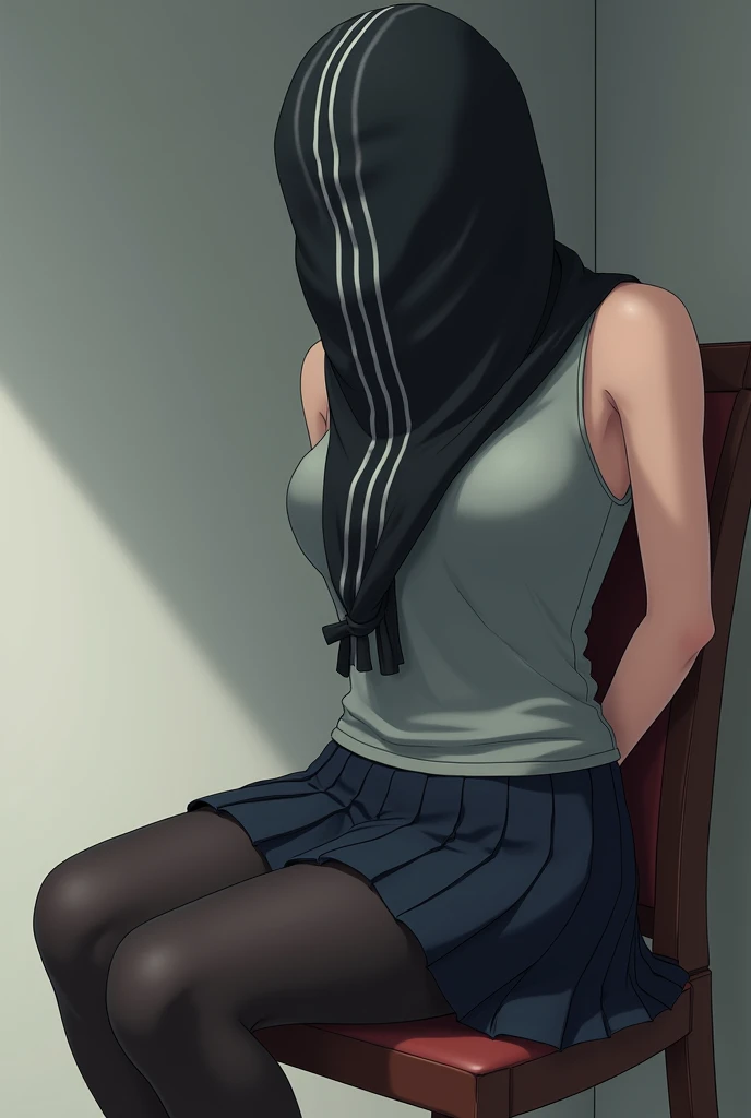 (Anime) woman, tight black sack over entire head with vertical three white stripes in centre, full face covered, entire head covered, eyes covered, sat on chair, arms behind back, black tights, pleated skirt, light grey tank top, anime style, 1girl, side v...