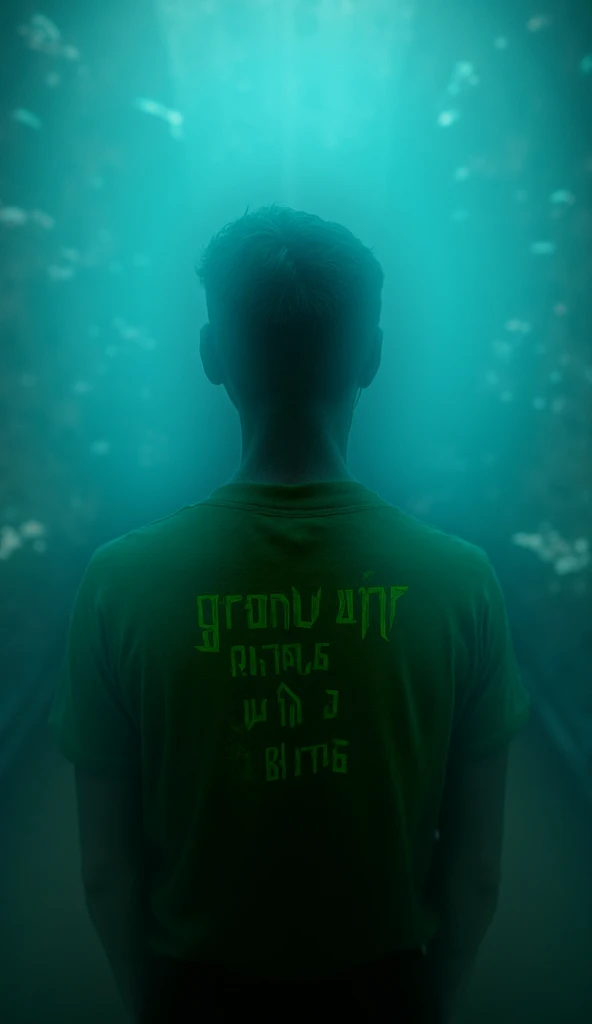 cinematic portrait of a tourist destination, back view, a young man wearing a green t-shirt that says "GRANDONG DARK ART" in big yellow letters, looking at an underwater aquarium, view from behind