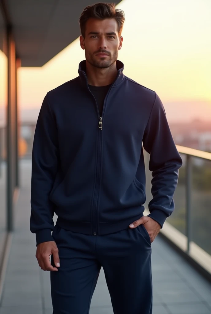 "Create a realistic photo of a confident man wearing a clean and minimal navy-blue tracksuit. The tracksuit consists of a zip-up jacket with a high collar and matching jogger pants. The design is sleek and modern, free of any logos or branding, emphasizing...