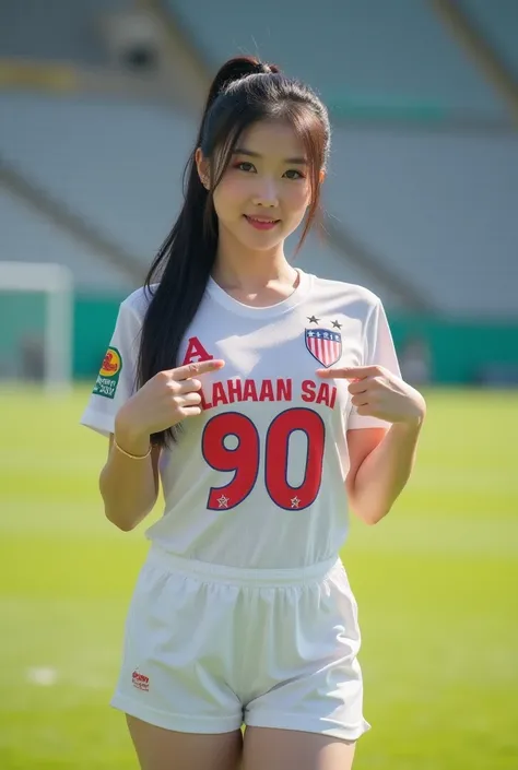   Asian woman looking straight at the viewer ,  points to her own chest  ,  walking towards the audience in bright conditions , cheerful, cute , . Sexy action in various gestures on the most fashionable football field. ,   shimmering portland skin ,   Glaz...