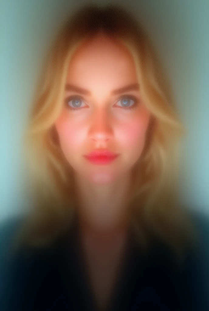  photo of blonde woman,  in black jacket , half height photo , blue eyes 