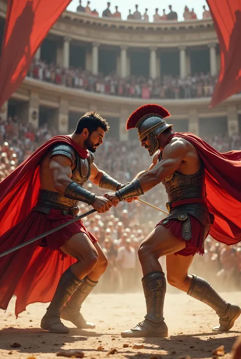 Create two gladiators fighting against each other  , with an audience ,  I need some people to show concern and others to enjoy the fight ,  I need the theme to be based on red and white colors  