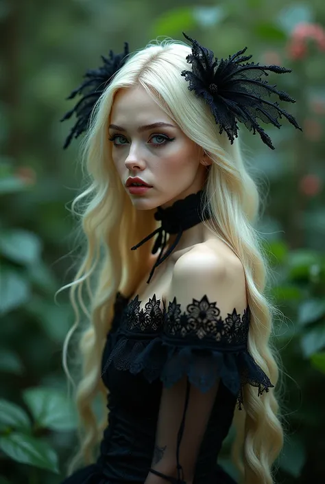 
a woman with long blonde hair, honey eyes, wearing a gothic outfit, in the ultra realistic 4K garden