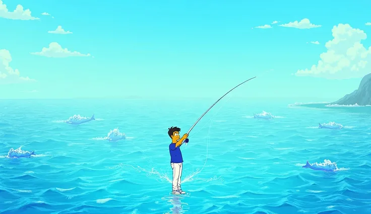 sergio,  he is a teenager with black hair , manly hairstyle , Latin features,  wears a strong royal blue t-shirt and white jeans , He is thin and tall . sergio está pescando en un mar donde se ven muchos peces saltando encima del agua. Simpsons style illus...