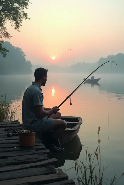 The stillness of the morning air wraps around the lake, its surface a perfect mirror, reflecting the soft pinks and oranges of the rising sun. The calm water is dotted with small ripples, the only movement coming from the occasional fish breaking the surfa...