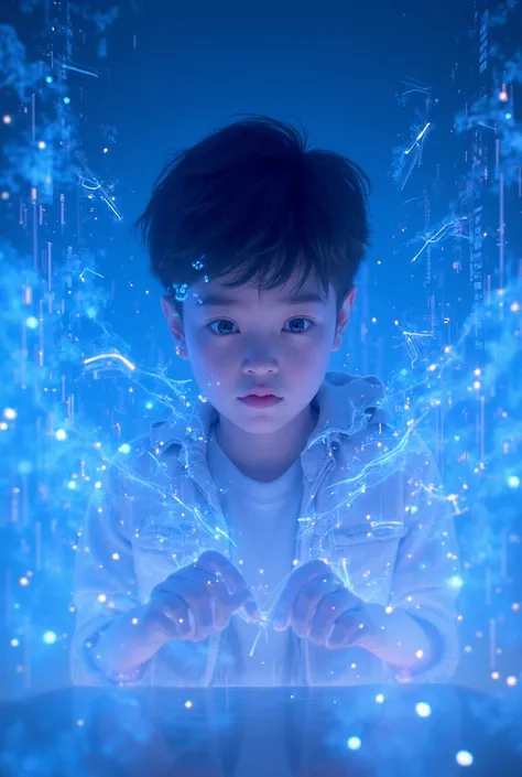 A boy programming in anime-style holograms