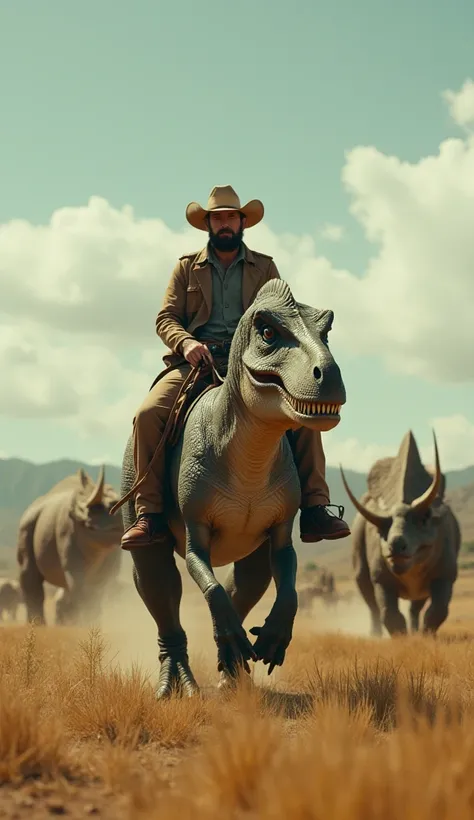 (masterpiece, UHD. 8K. Photorealistic. Analog photography.1950 style.) in a dystopian Neo retro futuristic world. cinematic wide shot of a cowboy riding a t-rex dinosaur in the prairie with a herd of triceratops dinosaurs around him, photorealistic, sharp ...