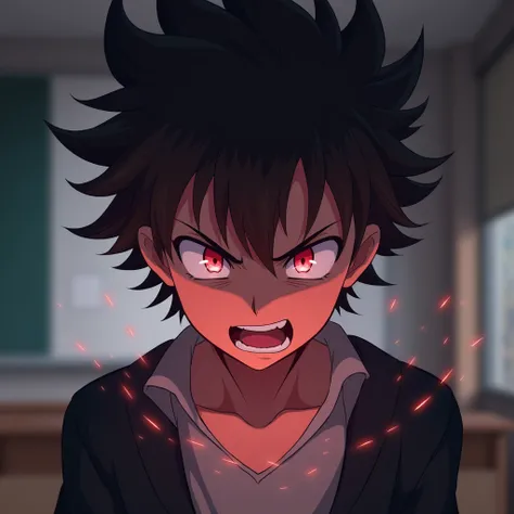  A close-up, anime-style focus on Dnzi’s sharp, intense eyes snapping open. His gaze is anger, and an ethereal, glowing aura begins to emanate around him, symbolizing his growing anger. The classroom background blurs slightly to emphasize his awakening fur...