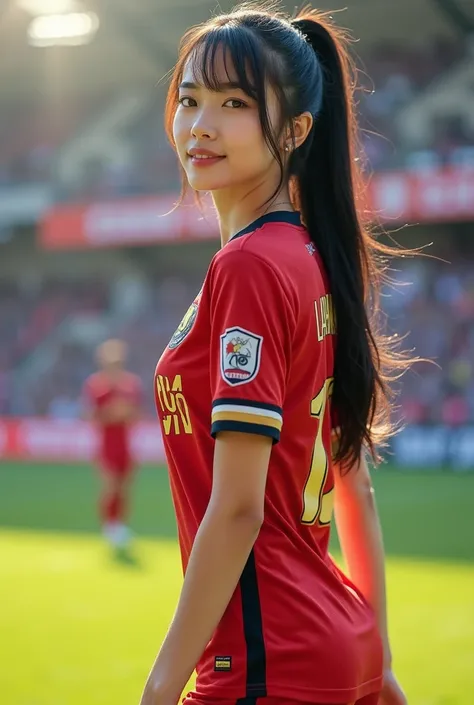   Asian woman looking straight at the viewer  , Walk to the audience in bright conditions , cheerful, cute , , sexy action in various poses on the most fashionable football field. ,   shimmering portland skin ,   Glazed tile skin  , Red cheeks, Pink skin, ...