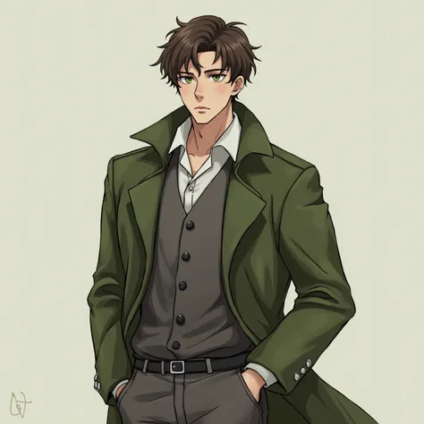 a 30-year-old writer ,  wavy brown hair, shaved on the sides ,  fair skin ,  dark green eyes and its always together in an old green coat thats already half shabby, He wears a white blouse and regular pants . RPG style me.