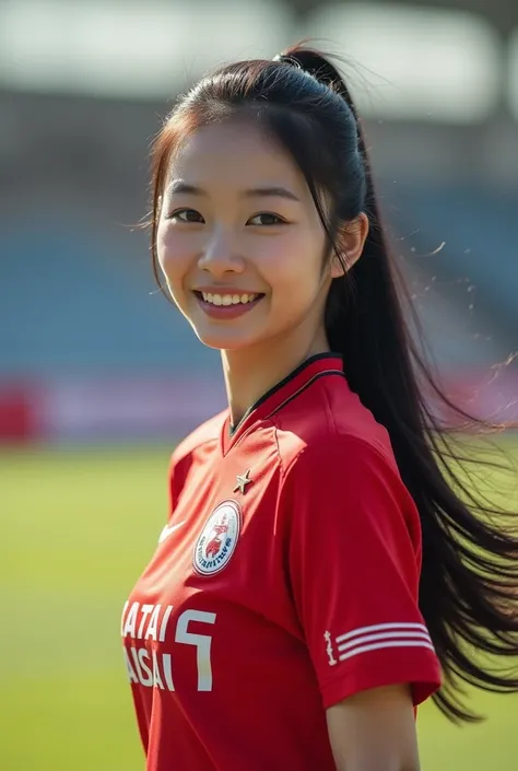   Asian woman looking straight at the viewer  , Walk to the audience in bright conditions , cheerful, cute , . Sexy action in various gestures on the most fashionable football field. ,   shimmering portland skin ,   Glazed tile skin  , Red cheeks, Pink ski...