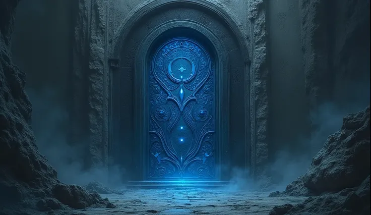  An ancient and dark door ,  a medieval door in blue tones about to reveal a secret. The door has shades of blue ,  but everything else in the image has greyish tones 