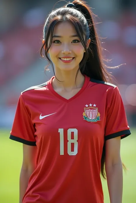   Asian woman looking straight at the viewer  , Walk to the audience in bright conditions , cheerful, cute , . Sexy action in various gestures on the most fashionable football field. ,   shimmering portland skin ,   Glazed tile skin  , Red cheeks, Pink ski...