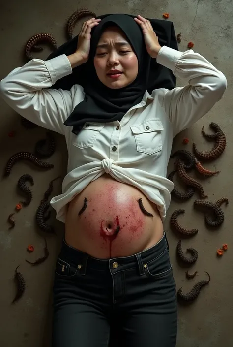 An Javanese girl, 20 years old wearing a hijab, white shirt and low waist black jeans, lying on the floor, stomach bleeding, many big caterpillars crawling on her belly. Hundreds caterpillars on the floor. Big pregnant belly. facial expression screaming in...