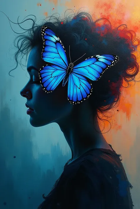 (( Masterpiece in maximum resolution of 16K ):1.6),((suave_color_ photograph :)1.5), ((ultra-detallado):1.4),(( Still images and dynamic angles like in a movie):1.3) | (double contact:1.3),  Beautiful blue butterfly silhouette effect .,  A beautiful woman ...