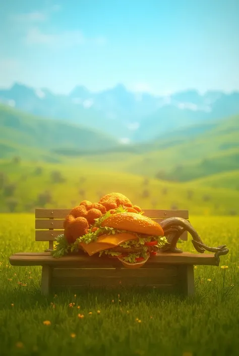 Make a hamburger, Who is lying on a bench and in the background you can see a green meadow and mountains