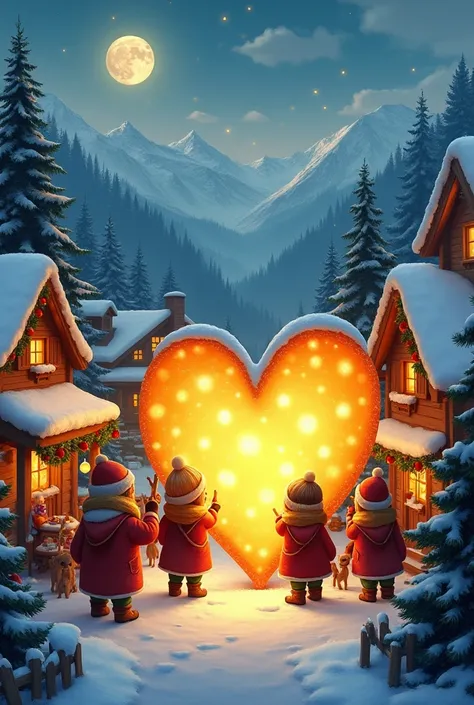 Christmas party in a village in the mountains with a yellow heart and snow red and a view of the mountains 
