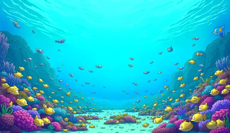 View of an ocean landscape full of fish. Simpsons style illustration. 