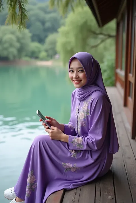  Indonesian interracial girl, hijab, with very pretty face .  wearing purple muslim dress floral embroidery motif with long sleeves. wearing white shoes, holding a mobile phone.  Sitting on wooden balcony by clear river ,  there is a pine tree ,  face thin...