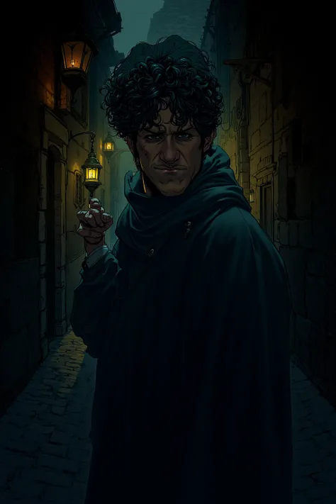 A detailed and atmospheric classic comic-style depiction of a young man standing in a shadowy medieval alley, exuding a sense of mystery and intrigue. He has a hooked nose and thick, jet-black curly hair that frames his face in wild, untamed locks. A faint...