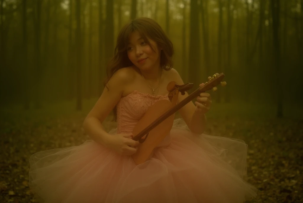 Real, Realist, Alive, beautiful european female bimbo wearing a tulle dress and playing the zither inside a forest while smiling, 