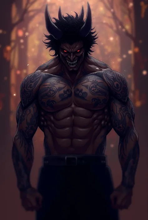 The background is a blurred mix of warm colors, creating a soft, dreamy atmosphere.highlighting the smooth, detailed shading and highlights typical of anime art.Man,  highest quality, semirealistic illustrated style, male, with black and blue tattoos all o...