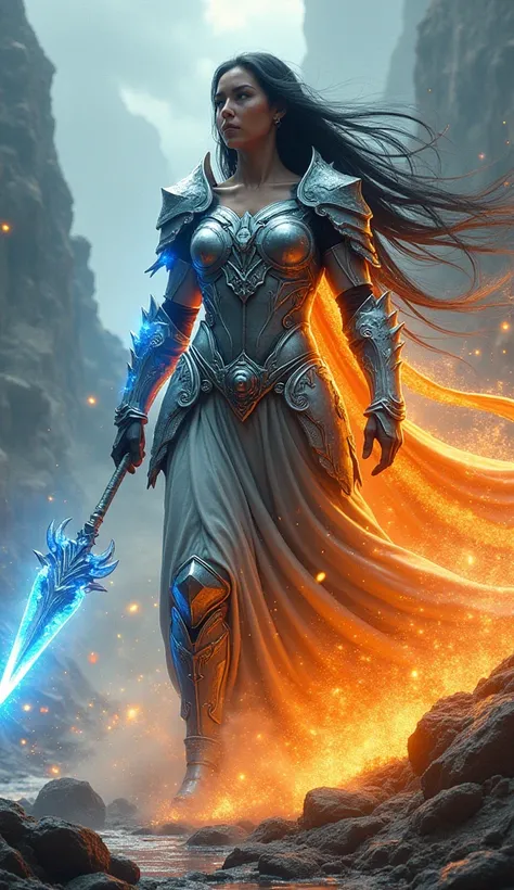 A full-bodied, curvy and majestic elemental warrior whose armor is designed with interwoven natural elements: the chest and shoulder pads are made of ice crystal that shimmers like frozen water, while the legs are covered with plates of cold magma and volc...