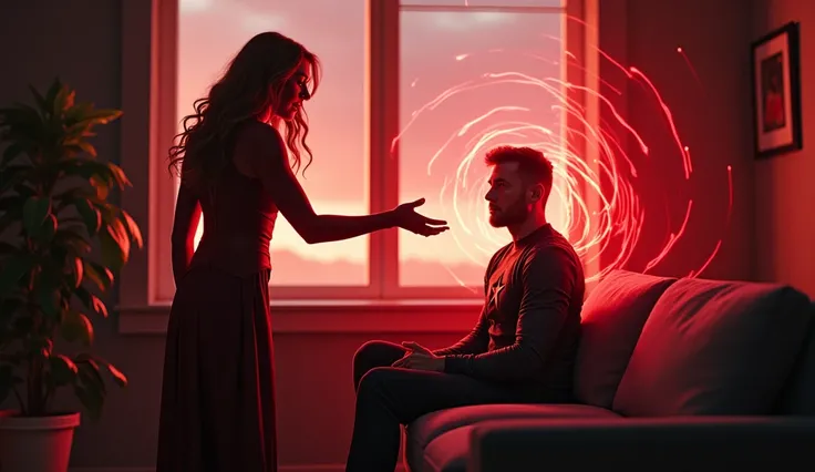  Scarlet Witch is conjuring the mind of Captain America who is sitting on the couch close to the window. Scarlet witch hypnotizes her mind with red magic 