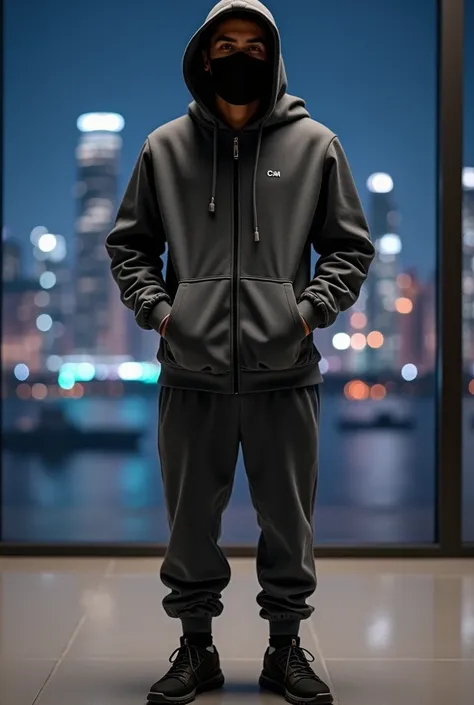 "Create a realistic photo of a man standing confidently indoors, wearing a sleek dark gray tracksuit with a modern and minimalistic design. The tracksuit consists of a fitted hoodie with a full zip and matching jogger pants. The hood is up, partially cover...