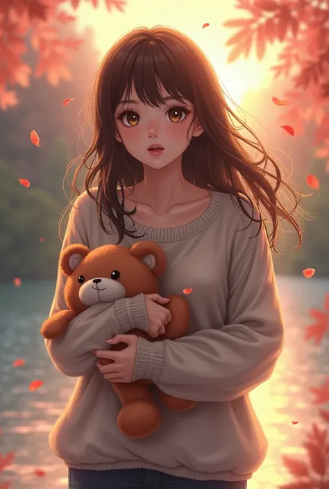 1girl walking on the river, mix4, sweater, pillow, lips, open_mouth, realistic, photo_(medium), solo, stuffed_animal, stuffed_toy, teddy_bear,(masterpiece),(photorealistic:1.3), ultra-detailed, (high detailed skin:1.2),(best quality:1.0), (ultra highres:1....