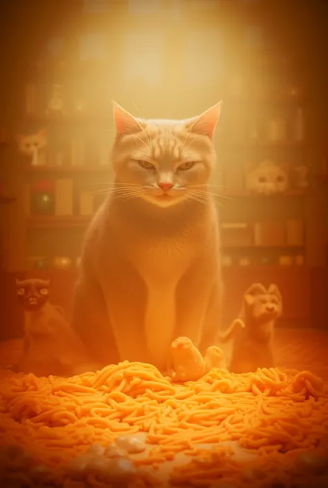 I want to create e cat that is making pasta in a beautiful house, the cat is helped by kitties