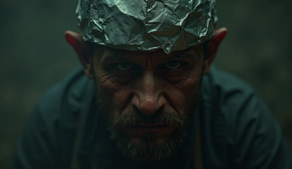 crazy man, foil hat on his head, beautiful realistic light, detailed, professional photo, cinematics, cinema, 4k, 8k,